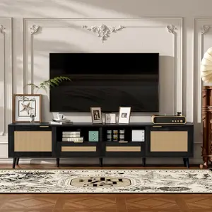 [Bellemave]Rattan TV Stand for TVs up to 80, 85,90'', Modern Farmhouse Media Console, Entertainment Center with Solid Wood Legs, TV Cabinet for Living Room,Home Theatre