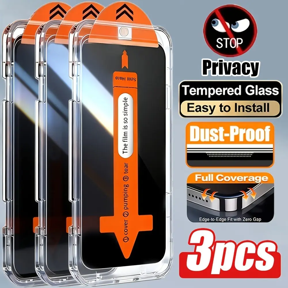 3 Pcs Oleophobic Coating Privacy Screen Protector, Accessories, Dust-Free, Easy Installation, 9h Hardness, Anti-Spy Tempered Glass for iPhone Series