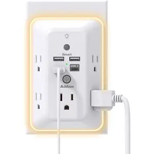 Surge Protector, Outlet Extender with Night Light,  5-Outlet Splitter and 4 USB Ports(1 USB C), Multi Plug Wall Outlet for Home Office Dorm Room Essentials