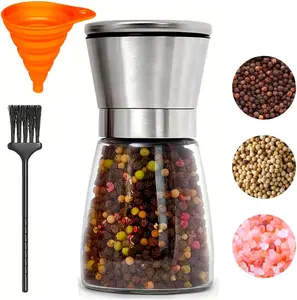 Pepper Grinder Salt Grinder, 5.5 inch Stainless Steel Pepper Mill w/Adjustable Coarseness, Refillable Salt with Funnel, Cleaning Brush, Manual Pepper Grinder for Black Peppercorns & Himalayan Pink or Sea Salt Grinder
