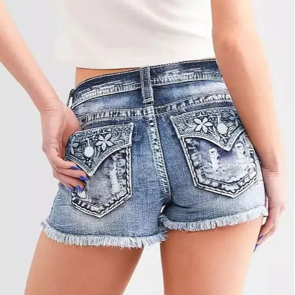Vhein Women's Blue Ripped Zipper High Waist Denim Embroidered Shorts Fashion Jean jean shorts denim tears shorts summer bottoms Vintage Casual jean shorts