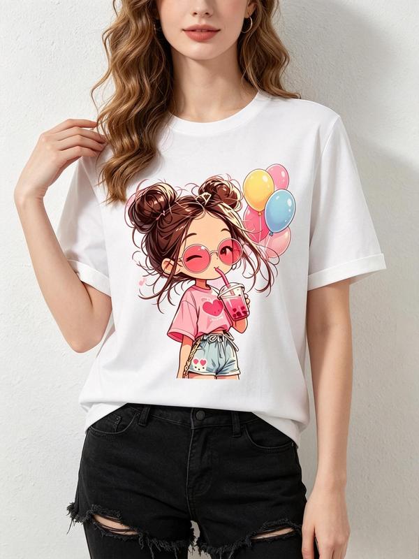 Women's Plus Size Soft Lightweight Cotton Graphic Print Crop Top - Casual Cute Cartoon Style, Cap Sleeve, A-Line with Bow, Valentine's Day/Halloween Wear, Heat Transfer, No Bleach (Size S)