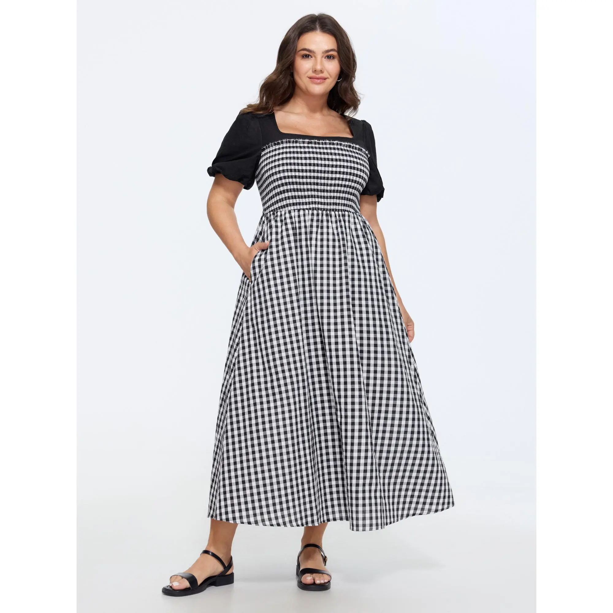 BLOOMCHIC Women's Plus Size Cotton Gingham Print Color Contrast Short-Sleeve Smooth Polyester Garment Midi Dress [M-6X] - 2026 Spotlight, Summer Casual Wear, Fabric, Fit, Plaid, Pocket, Plus Size Dresses, Spandex, Shortsleeve, Plus Size Clothes