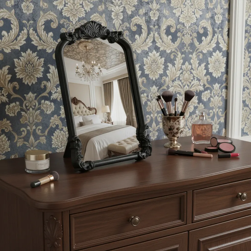 12-in Wooden Vanity Mirror - Black Solid Scalloped Frame, 0.75-in Glass Countertop, Freestanding Bathroom Accessory for Floral-Inspired Decor, No Extra Assembly Needed