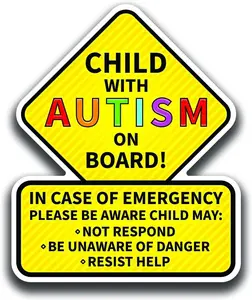 Child with Autism On Board Sticker 2-Pack Decals | Latex Optimized Bright Visible Durable Stickers | 5.5-Inches by 4.5-Inches | Emergency Alert for Autistic Child Stickers