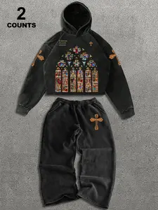 Men's Cotton Knit Hoodie Set, Church Pattern Print, Fitted Straight Leg Pants, Spring & Fall Fashion, Comfortable Combination