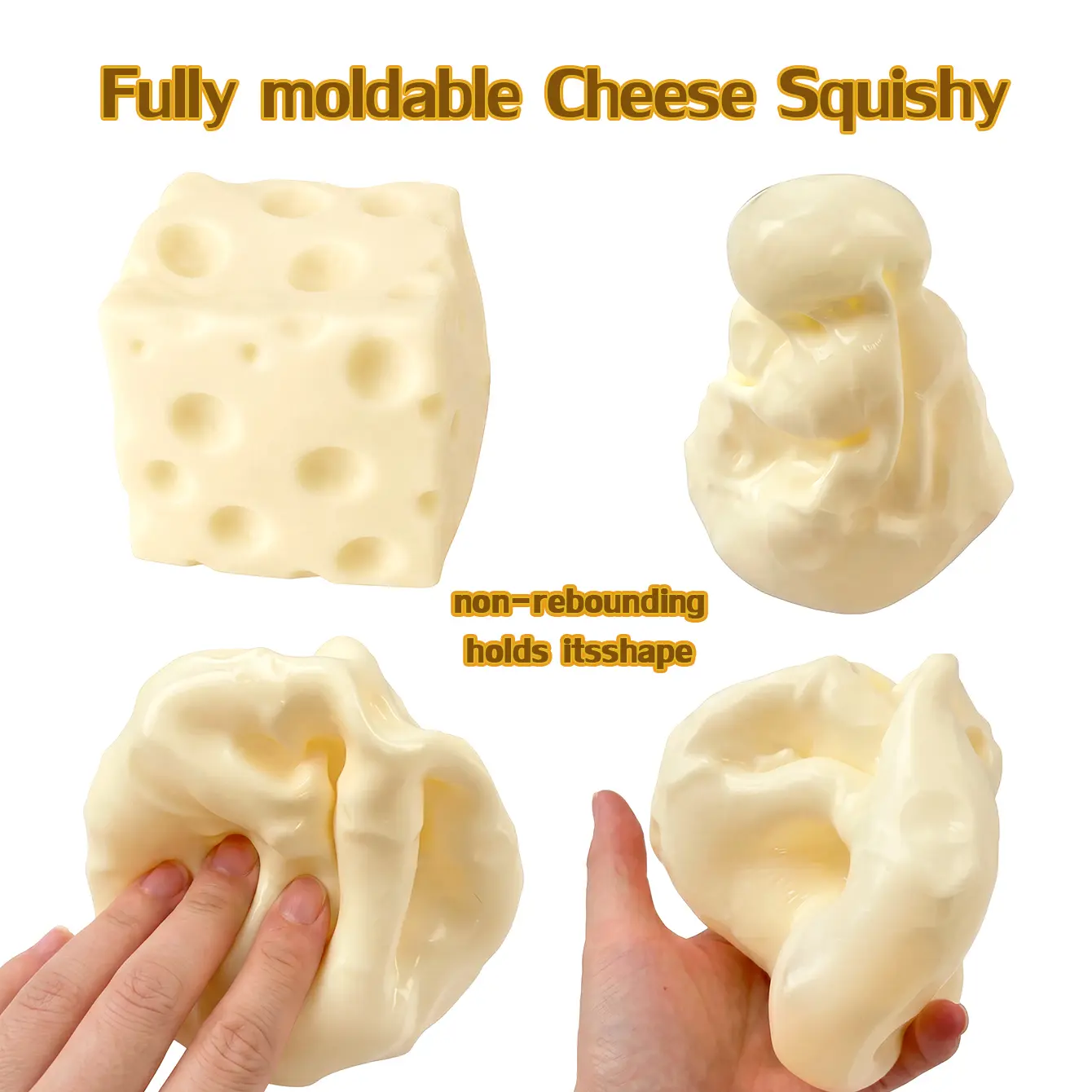 Non-Rebounding Cheese Squishy Toy, 1PCS Soft Moldable Fidget Toy with Realistic Swiss Cheese Cube Design, Stretchable Squeezable Poke Toy for Sensory Play, Desk Breaks, Party Favors and Novelty Gifts
