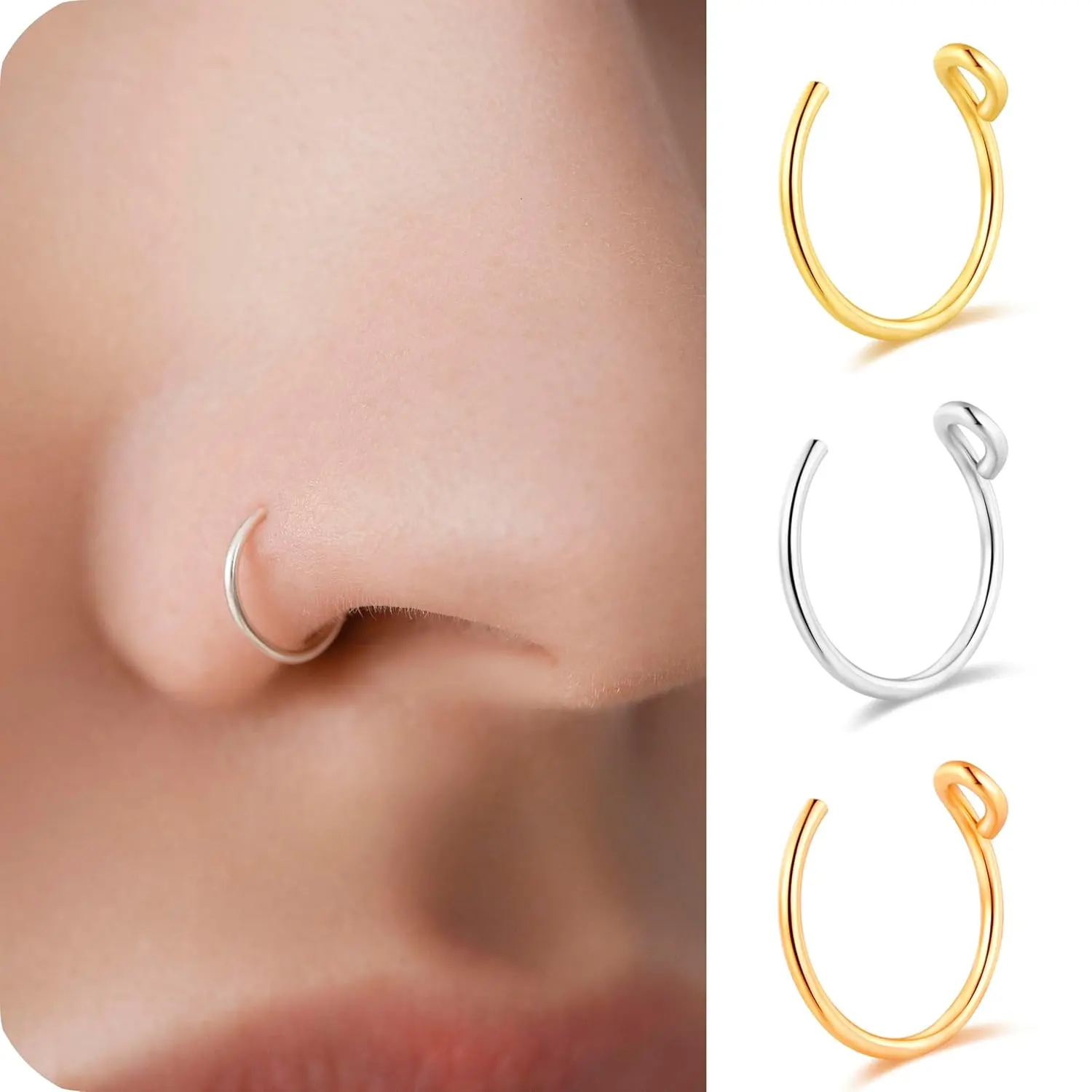 Fake Nose Ring Hoop Clip On, Non Piercing Lip Rings 8mm/6mm,Gold/Silver, Stainless Steel No Pierced for Women Men, Clip On Fake Nose Piercing Non Piercing Faux Nose Piercing Jewelry, Valentine's Day Gift, summervibes