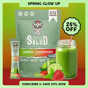 Salud 2-in-1 Greens Powder + Superfood Drink Mix Packets, 20+ Fruits and Veggies, Probiotics, Prebiotics, Supports Digestive Health, Bloating Relief, Vegan, Strawberry Lime (15 Servings) Edible