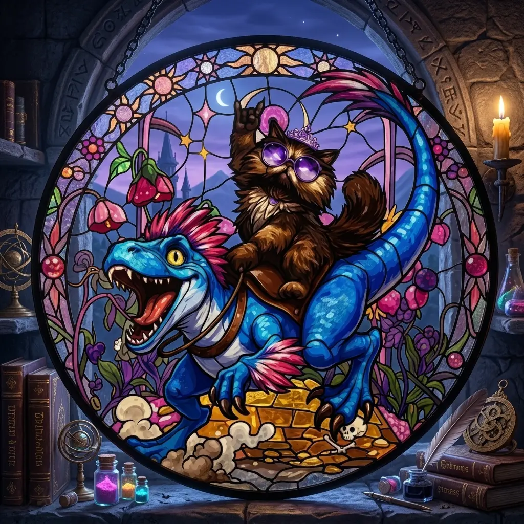 Stained Glass Dungeon Cat & Velociraptor Suncatcher, Fantasy Window Hanging, Geeky Cat Lover Home Decor, LitRPG Book Reader Gift For Crawlers