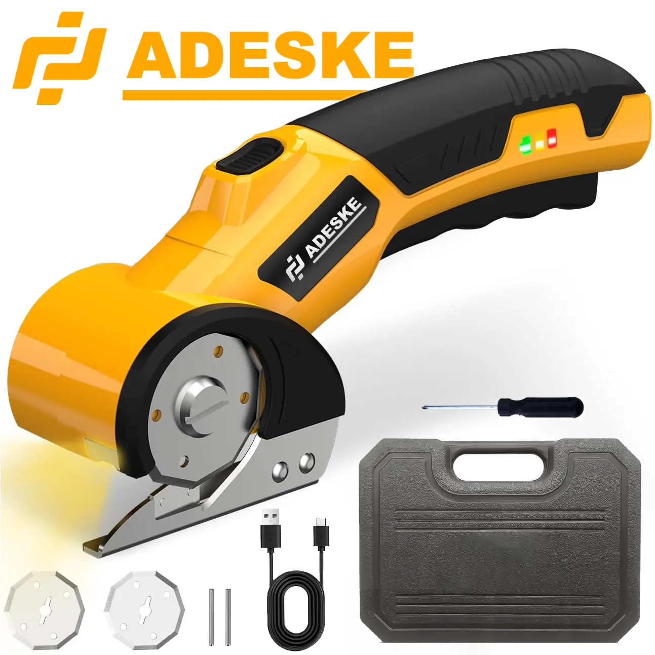 ADESKE Cordless Electric Scissors Tool - 4V Rechargeable Heavy Duty Cutting Cutter with LED Light, Safety Lock, Sharp Blade for Cardboard, Plastic, Fabric