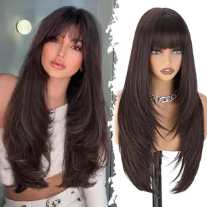 26-inch Long Wig with Bangs for Women - Straight Layered Style Natural-Looking & Heat-Resistant Synthetic Hair for Daily and Party Use