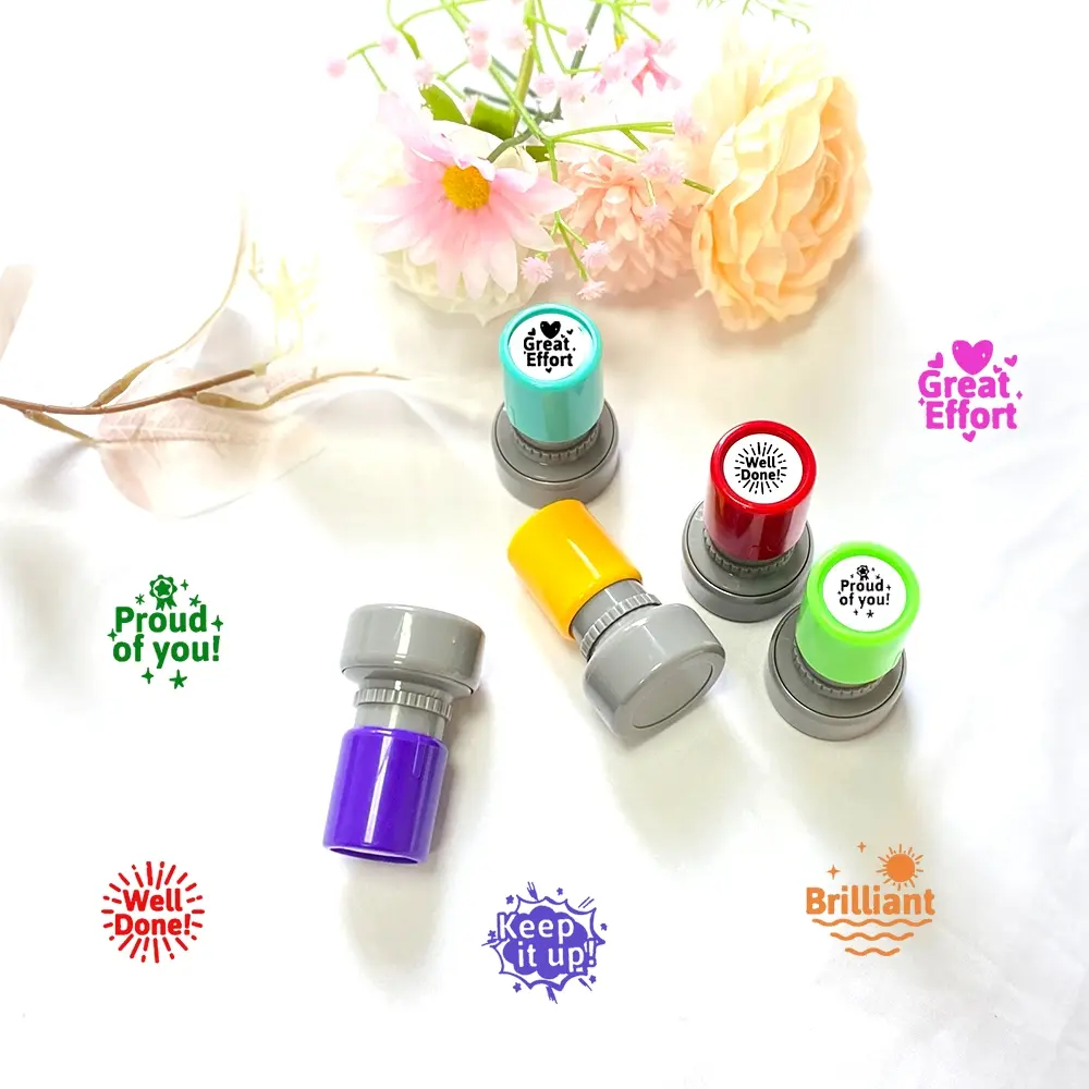 5 Stamp Self-Inking Teacher Stamp Set, Multi-Color Classroom Encouragement and Inspiration Stamps with Positive Messages for Grading Homework, Student Feedback, Motivational Office Supplies