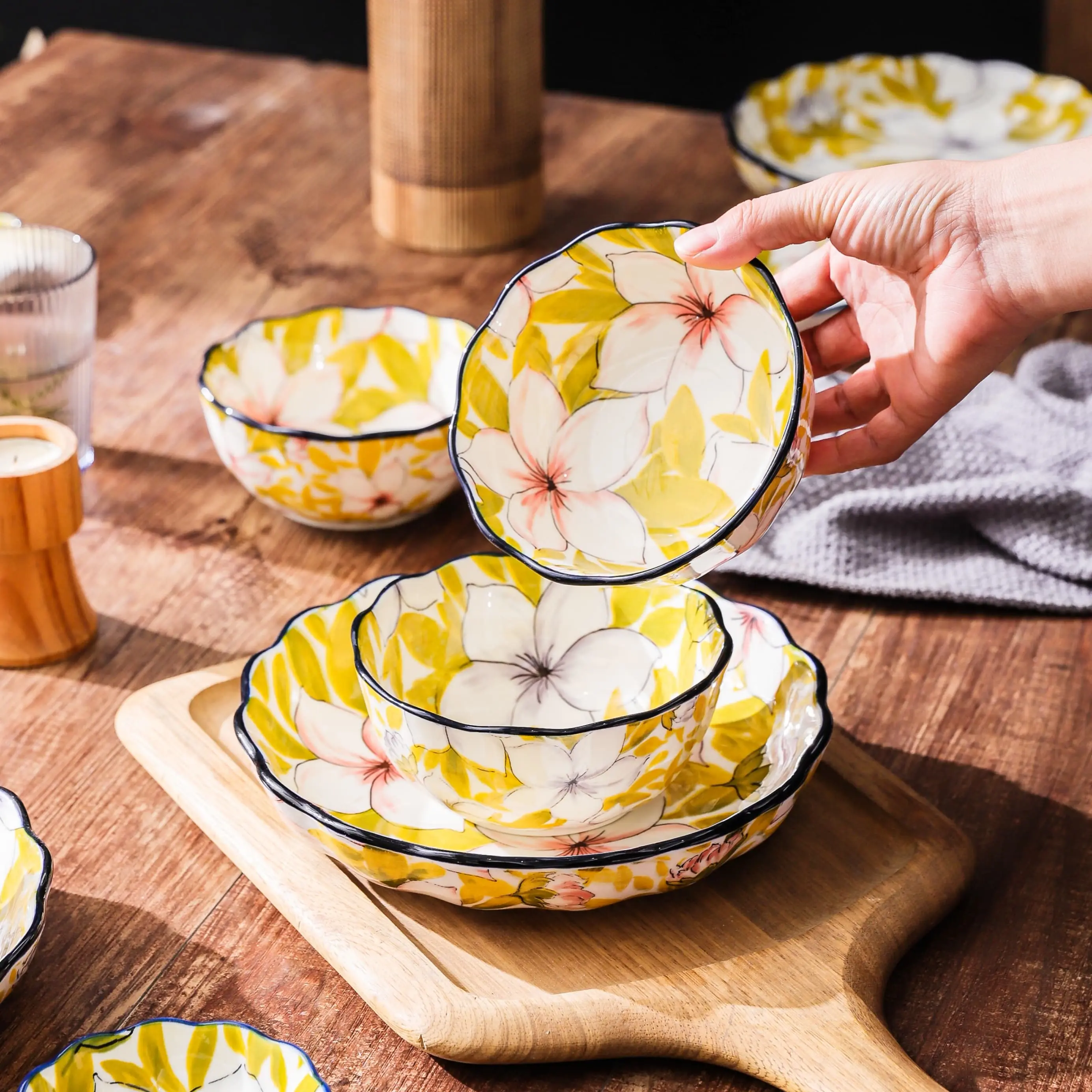 HongDian Yellow Magnolia Floral Tableware Series,Optional 5 in Bowl 8 in Plate,Premium Ceramic,SGS Tested Underglaze Fade Resistant,Microwave Dishwasher Oven Sterilizer Safe,Dessert Serving Breakfast Use Tea Time Table Setting Gift Decor