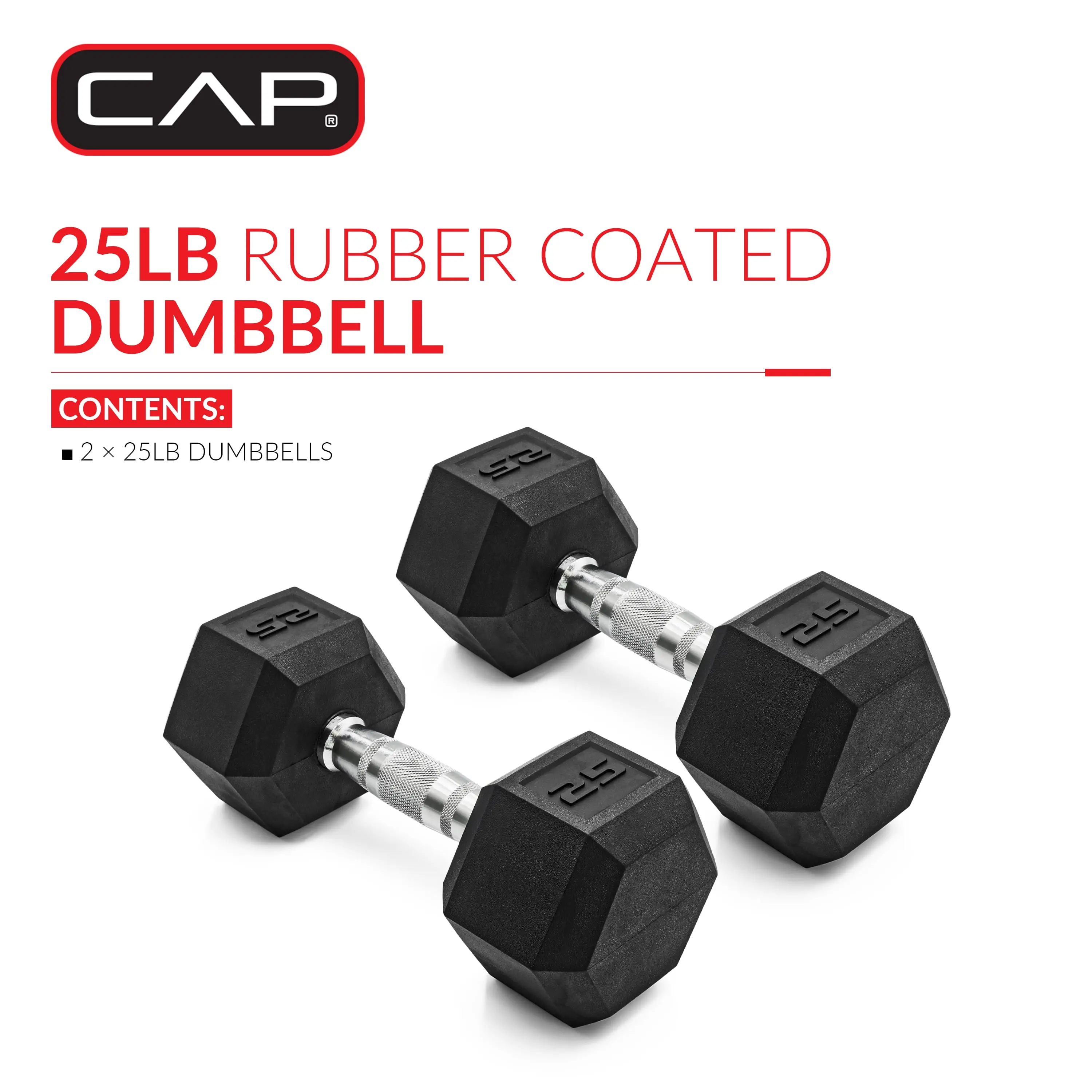 CAP Barbell 25lb Coated Rubber Hex Dumbbell Pair - No-Roll Design, Ergonomic Steel Handle, Durable (for Sports & Outdoor Fitness Weight Training Weight Lifting)