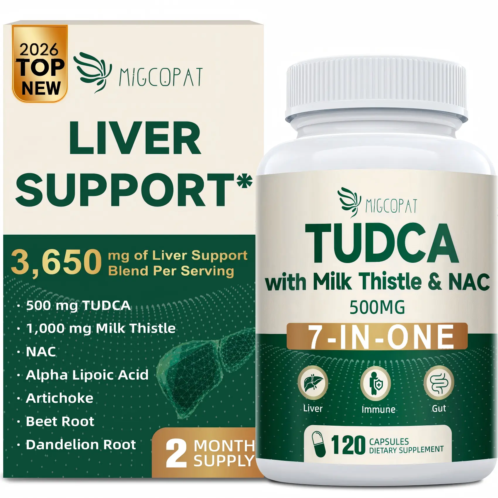 Migcopat 7-in-One TUDCA Supplement, 3650mg with Milk Thistle, NAC, Alpha Lipoic Acid, Dandelion Root, Bile Salts TUDCA for Liver Cleanse Detox & Repair, Bile Flow and Digestive Support - 120 Capsules,#backtoschool