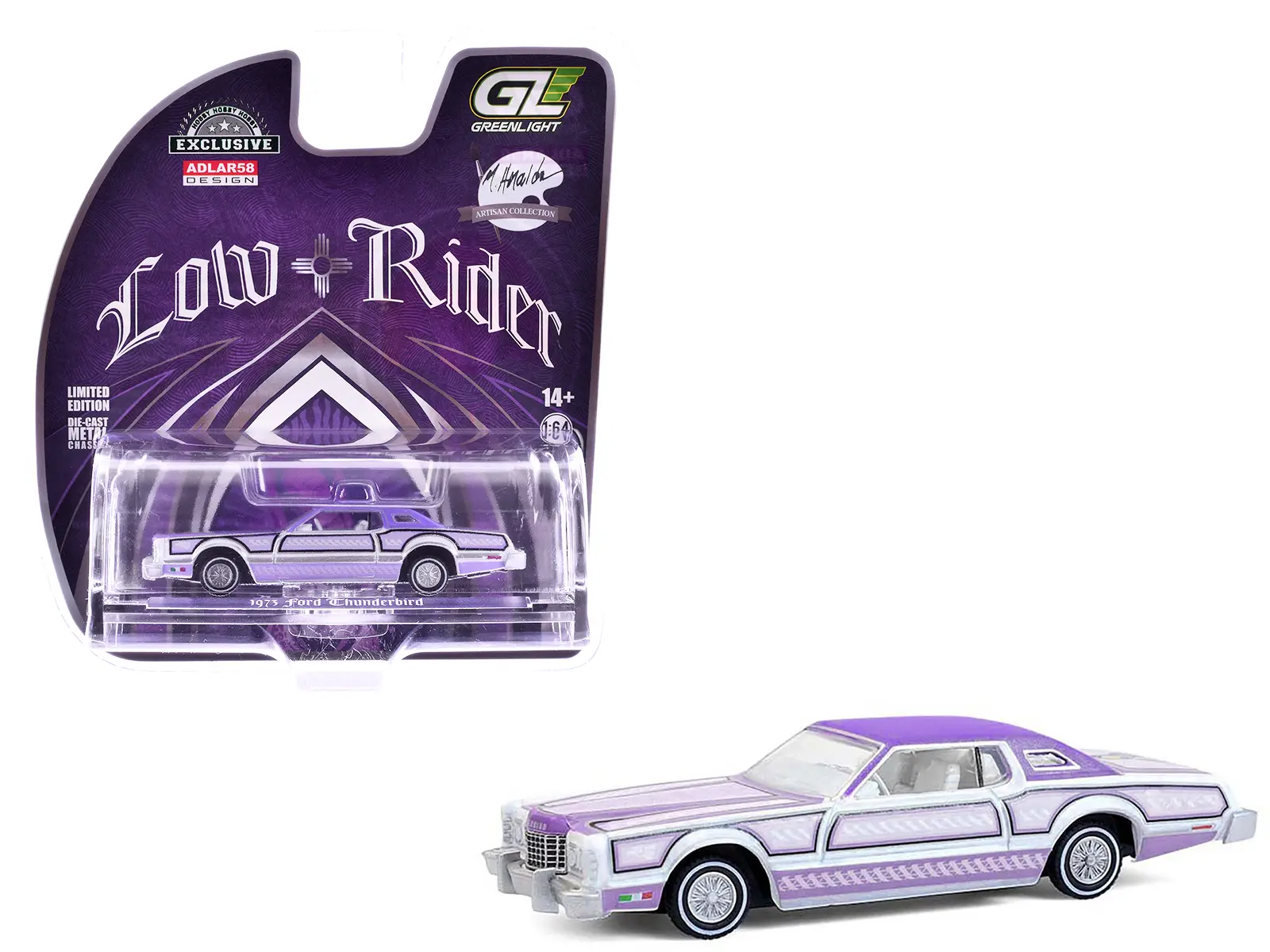 1973 Ford Thunderbird Lowrider Purple Metallic with Graphics and White Interior 1/64 Diecast Model Car by Greenlight