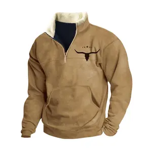 Men's Western Fleece Jacket Cowboy Bull Head Print Pullover 1/4 Zip Stand Collar Long Sleeve Sweatshirts Zipper Menswear Casual Stylish