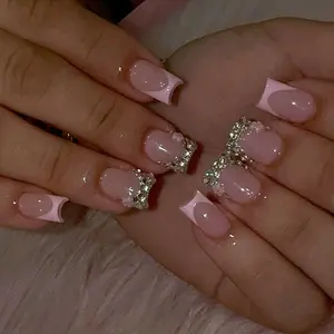 Flower Decor Square Fake Nail, 24pcs Elegant Rhinestone Decorated Fake Nail with Nail File & Jelly Glue, Removable Full Cover Artificial Fake Nail, DIY Nail Art