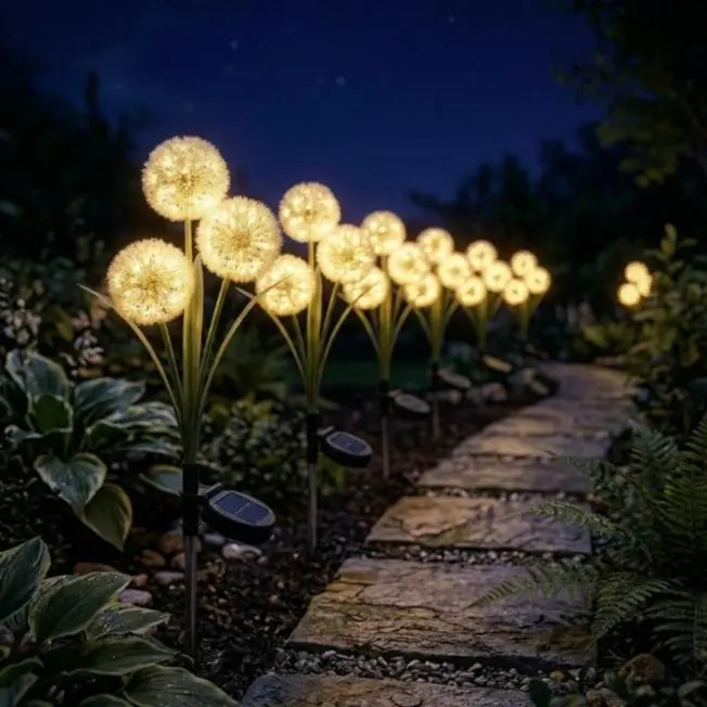 Built-in Solar LED Lights Decorative Lamps, Dandelion Floral Head, Eco-Friendly High-Efficiency Panel, 2-Second Tool-Free Install, Water Resistant, Mood Lighting, Realistic Look, Curb Appeal, Outdoor Garden Landscape Decor