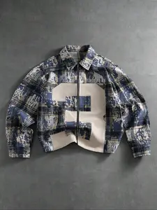 Men's High Street Style Graffiti Splatter Plaid Long Jacket Coats, Blue Graffiti Plaid + Large Number Patchwork, Loose Lapel Collared Version, Vintage Fabric