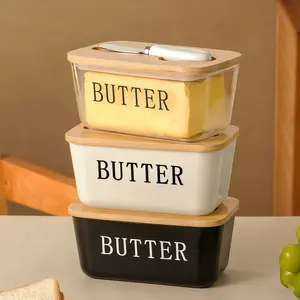 Rectangular Plastic Butter Box with Wooden Lid, Stainless Steel Knife, Bamboo Cover, Silicone Seal, Kitchen Storage Container, Stackable Storage Containers