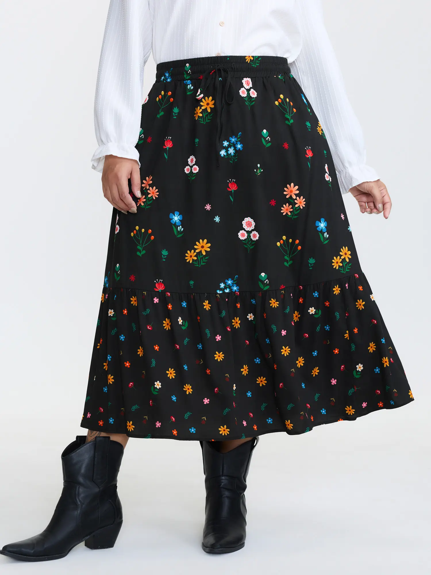 BLOOMCHIC Women's Plus Size Baggy Floral Midi Skirt - Black Floral Tiered Rayon Fabric, Smooth Hem, Side Seam Pocket, Summer Turn-Up Style, Long Skirts [M-6X] , Midi Skirts, Summerfinds