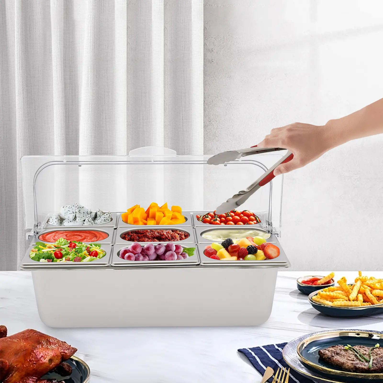 9 compartment stainless steel serving container flip transparent lid countertop chilled fruit condiment organizer with spoons tongs ice bags dishwasher safe food storage tray