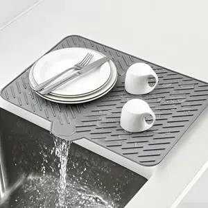Silicone Dish Drying Mat for Kitchen Counter, BPA-Safe Heat-Resistant 23x17 in Gray Modern Stone-Style Mat with Drain Port, Kitchen Tableware Coaster