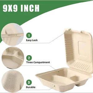 Bagasse Clamshell Containers, 9"x9" Size, 3-Compartment Design, 50 PCS Disposable Food Containers for Takeout & Meal Prep