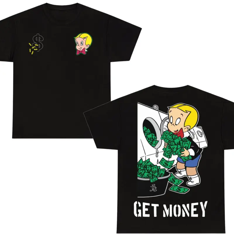 Funny Richie Rich Get Money T-Shirt, Cartoon Money Laundering Tee, Retro Wealthy Graphic Shirt, Meme Streetwear, richie rich shirts, Mens Womenswear Top Classic Tshirt Cotton