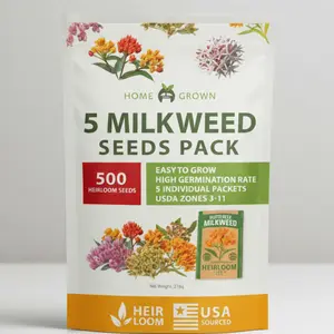 HOME GROWN Milkweed Flower Seeds - 500+ Heirloom Perennial Wildflower Seeds (5 Individual Varieties) Supports Monarch Habitat, Grows in Zones 3–10 (Asclepias syriaca)