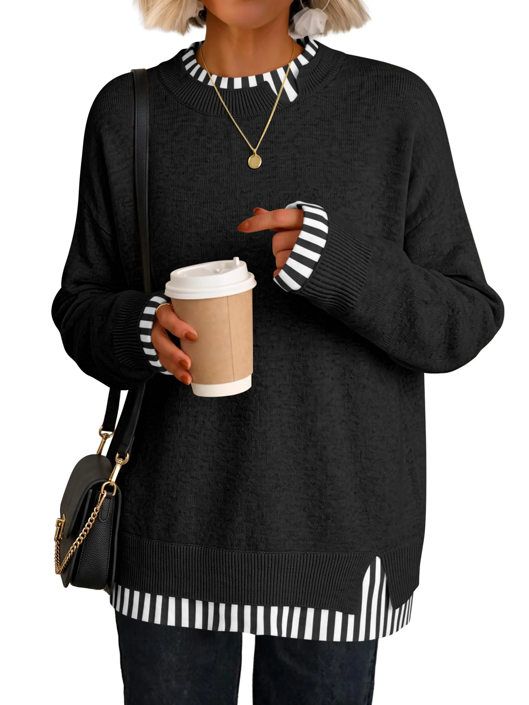 ANRABESS Womens Oversized Patchwork Sweaters | Fall Crewneck Cozy Knit Tunic Pullover Tops, Faux Layered Ribbed Trim, Long Sleeve Drop Shoulder, Teacher Outfits, Winter Clothing
