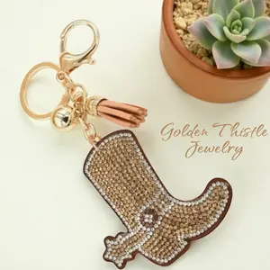 Western Cowboy Boot Keychain Bling Rhinestone Chram Clasp with Tassel and Gold Accents ~NEW~