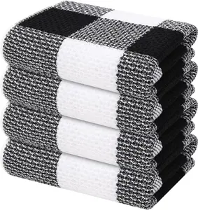 Mordimy 100% Cotton Waffle Weave Kitchen Towels, 13 x 28 Inches, Super Soft and Absorbent Buffalo Check Dish Towels for Drying Dishes, 4-Pack, Black & White