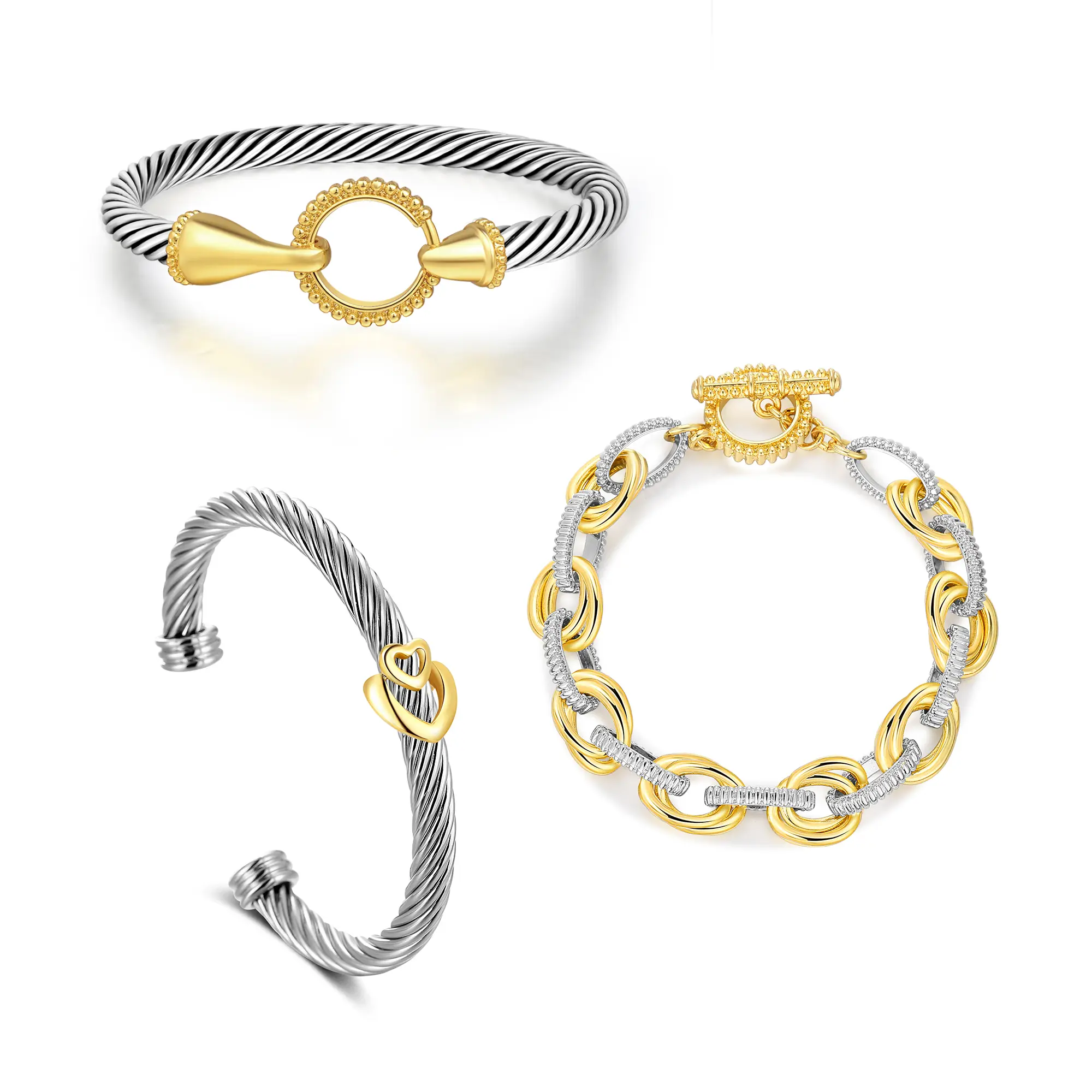 Aprilery Layered Cable & Chain Bracelet Trio – Vintage-Inspired Cuff Set, Trendy Mixed Metal Jewelry for Women