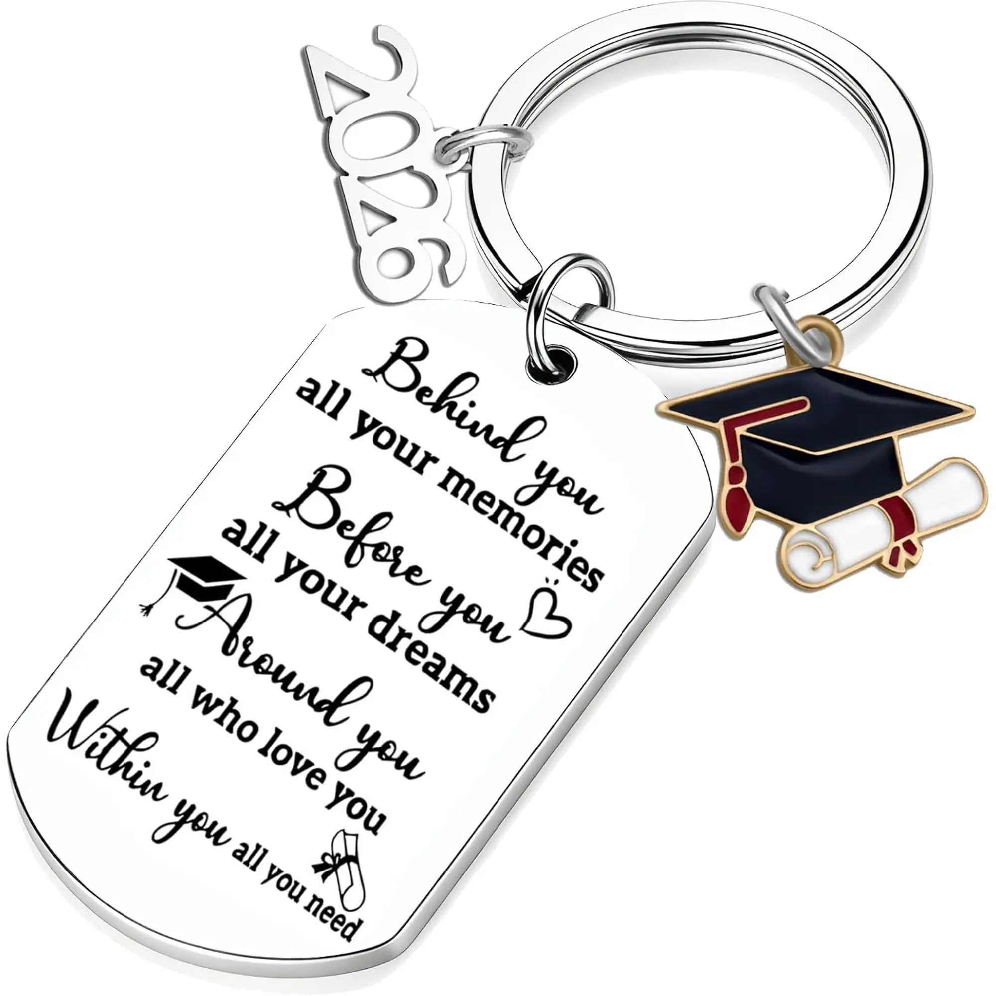 Class of 2026 Graduation Keychain - Stainless Steel Keepsake with Engraved "Behind You All Memories" Quote, Graduation Gifts, Customizable Engraving Nameplate Keychains for High School Graduates, Engraving Keychains