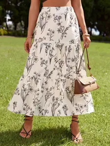 High Waist Loose Fit Plant Print Floral Multi-Layer Ruffle Hem Women's Maxi Skirt, Vacation Style, Casual Fashion, Perfect for Summer