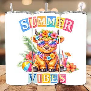 Summer Vibes 20oz Tumbler with Fun Design and Straws for Summer Drinks Bottle Drinkware Water Bottles Mug Cup Portable Washable Reusable Bottled