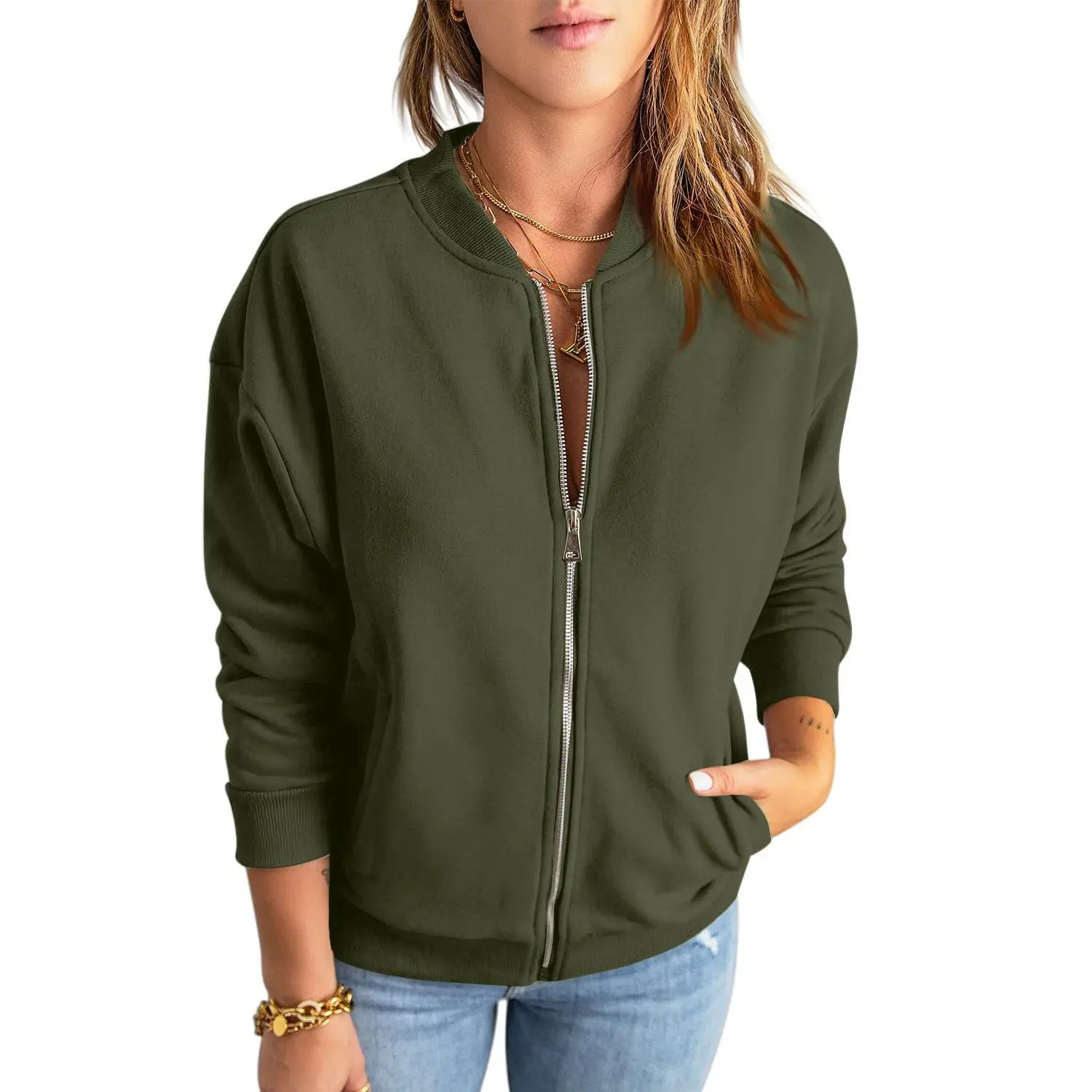 Women's Jacket, Casual Long Sleeve Full Zip-Up Sweatshirt with Pockets, Loose Fit Cotton Blend Summer Coats, Clothes, Tops, Basic, Women's Fashion