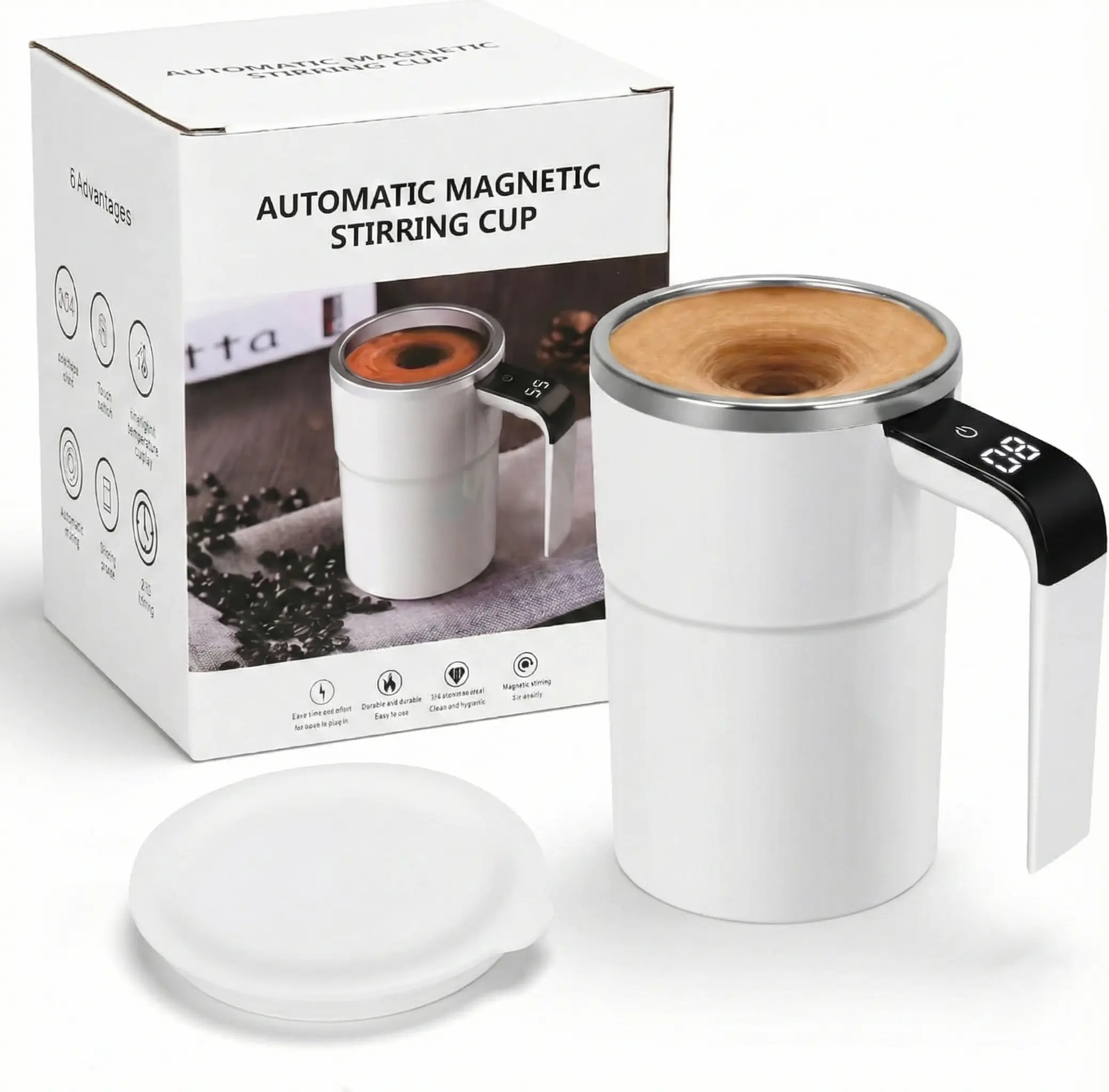 13oz Stainless Steel Reusable Self-Stirring Coffee Cup - Rechargeable Battery Portable Tumbler with LCD Temp Display, Washable Lid, ABS Build for Office Efficiency (Office Stationery & Supplies, Drink Container)
