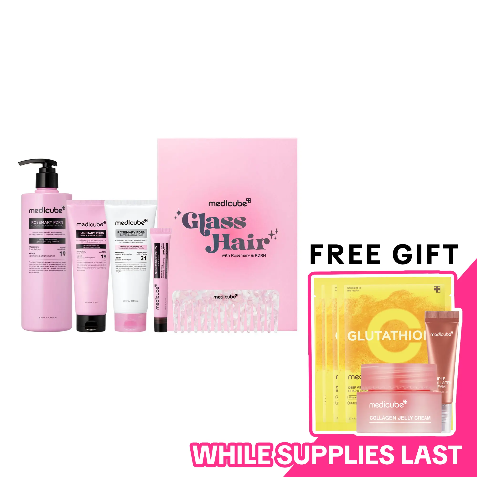 [LIMITED EDITION] Rosemary PDRN Hair Care Set | ALL-IN-ONE 4-Step Routine for Glass Hair | Shampoo, Conditioner, Hair Mask, Scalp Serum + FREE Brush | Care for damaged, frizzy hair, split ends, flaky & weakened scalp | Korean Hair Care