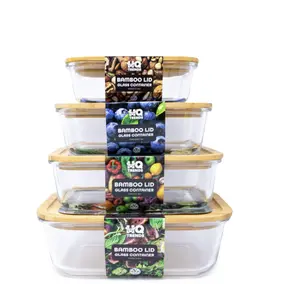 4 Pack- HQ TRENDS Variety Size Set Meal Prep Glass Food Container with Bamboo Lid, Rectangular