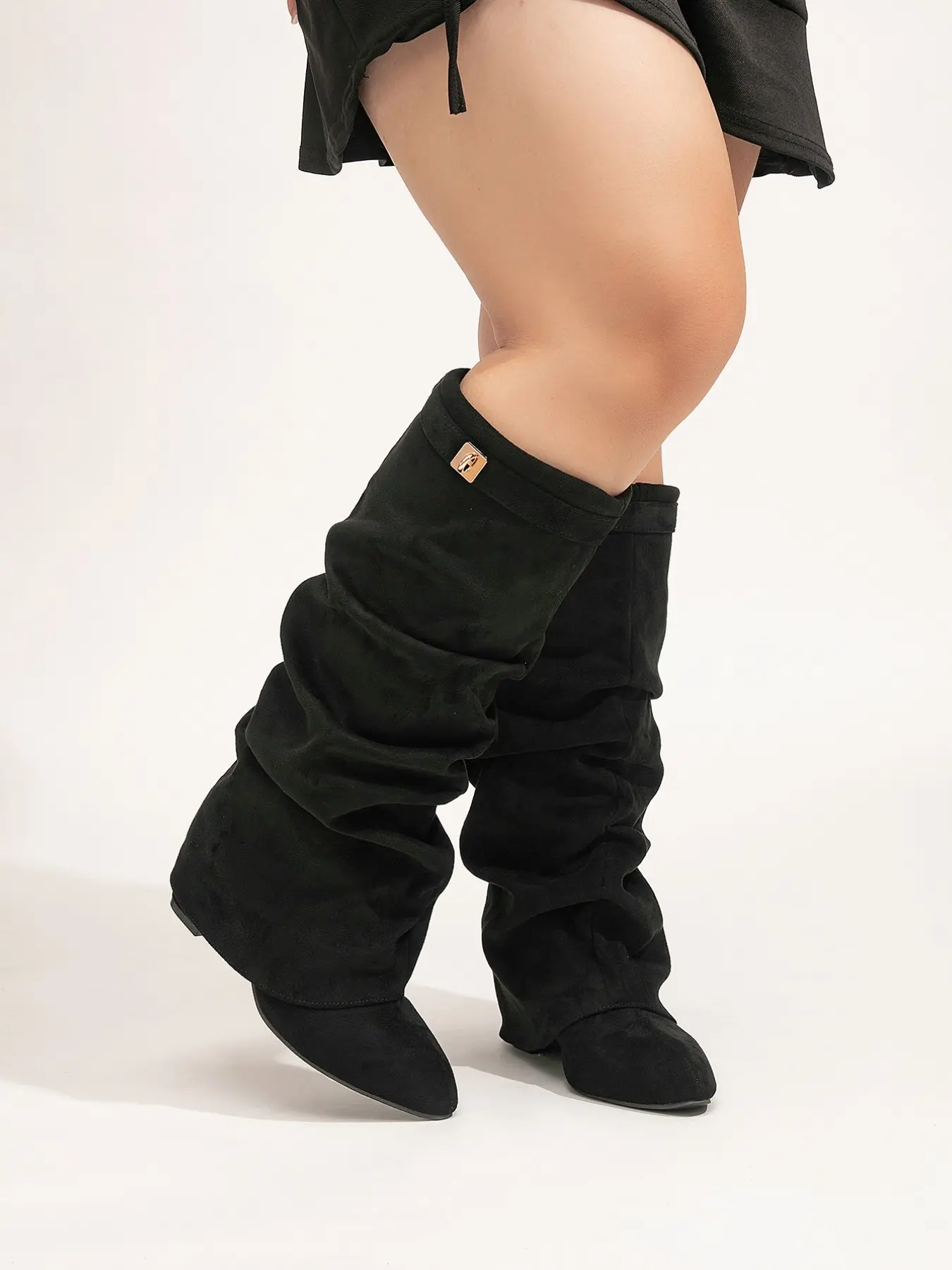 Wide Pointed Toe Foldable Rubber Solid Color Boots, Inner Zipper Quick-On Design, Conceals Thick Legs, Casual Fall & Winter Footwear
