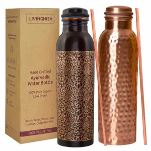 100% Pure Copper Water Bottle 8 Pcs Set (2 Bottle, 2 Straw,2 Extra Silicon Ring and 2 Cloth bags) AQHM (Delivery 10-12 Business days)