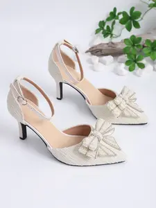 Summer New Buckle Pearl Bow Pointed Toe Women's High Heels, Plaid Noble Style, Suitable for Weddings, Dates, Semi-Formal Occasions, Footwear, Bowknot Heels