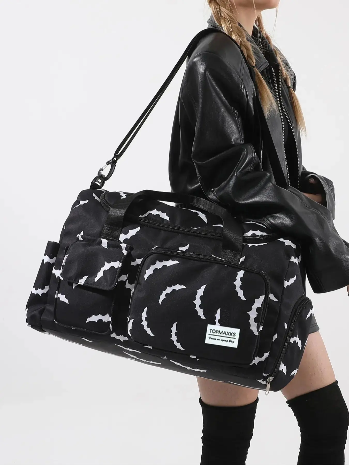 Women's Fashionable Bat Pattern Tote Bag, Large Capacity Travel Bag with Wet Pocket & Shoe Compartment, Sporty Pocket Design, Lightweight Carry on Luggage Bag for Sports Gym, Yoga, Athletic Bag, Casual Sports Bag, Gym Bags, Training Bag