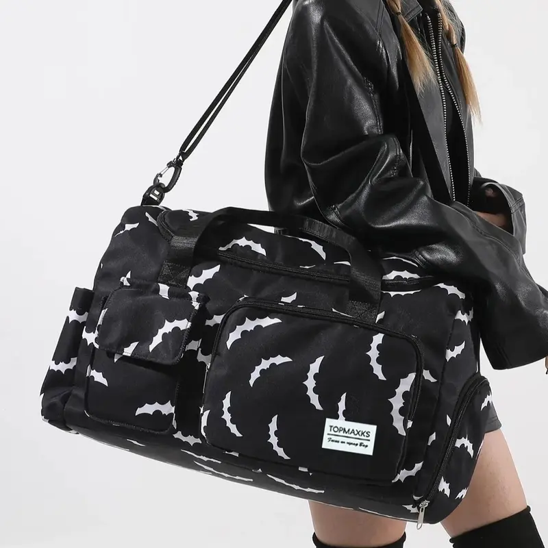 Women's Bat Pattern Tote Bag, Large Capacity Travel Bag with Wet Pocket & Shoe Compartment, Sporty Pocket Design, Lightweight Carry on Luggage Bag for Gym, Yoga, Sports, Training, Workout Bag