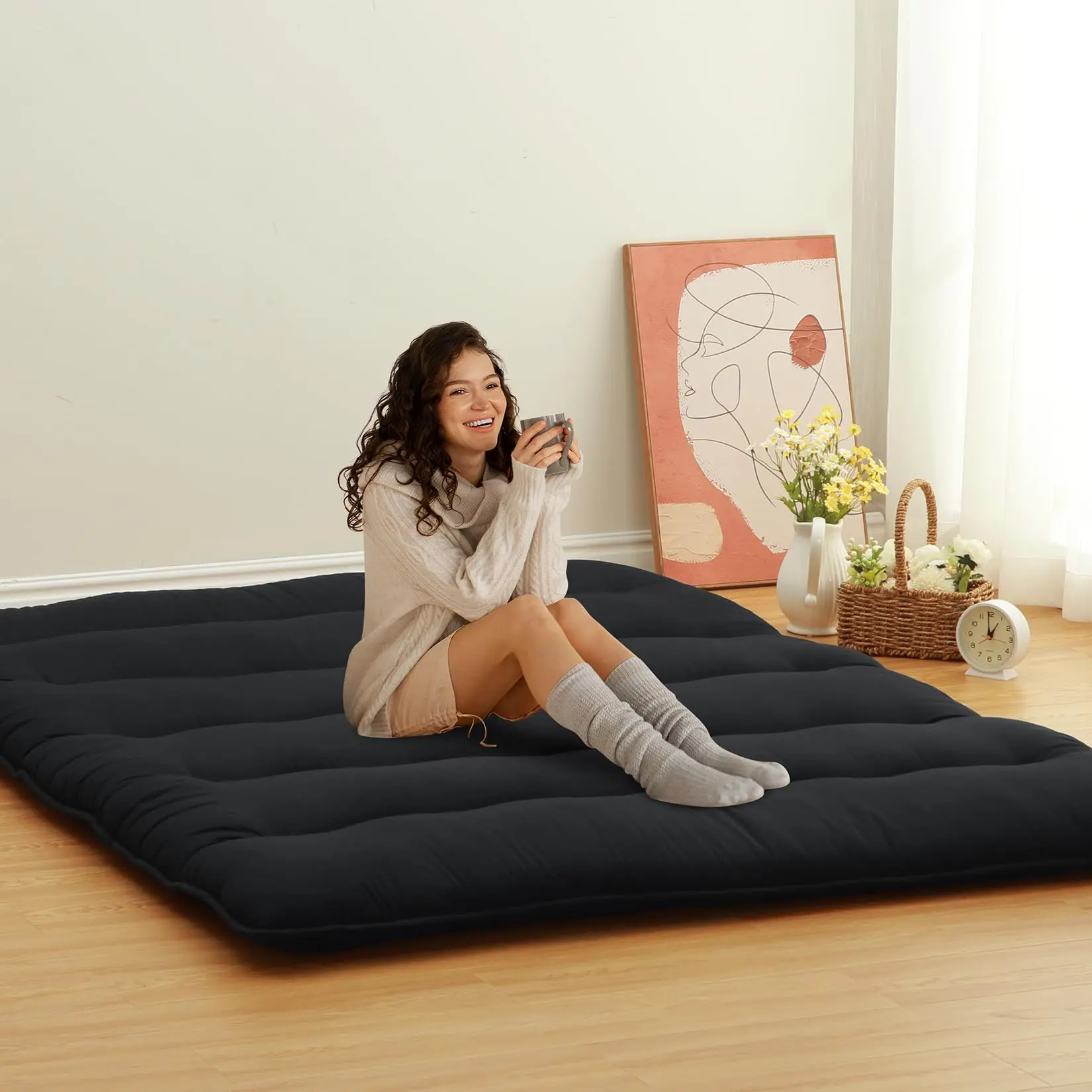 Full Size Japanese Futon Mattress - Foldable Floor Sleeping Pad, Tatami Mat for Adults, Perfect for Camping, Wave Black Design japan bed