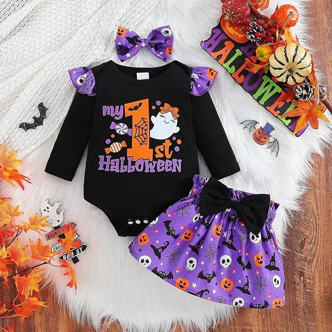 Baby Girl 1st Halloween Outfit 1-18 Months Long Sleeve Romper Skirt Set with Headband 3PCS Pumpkin Ghost Halloween Costume Cute Infant Fall Outfit